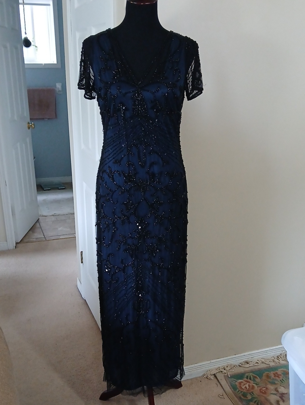 Elegant Navy Beaded Evening Dress